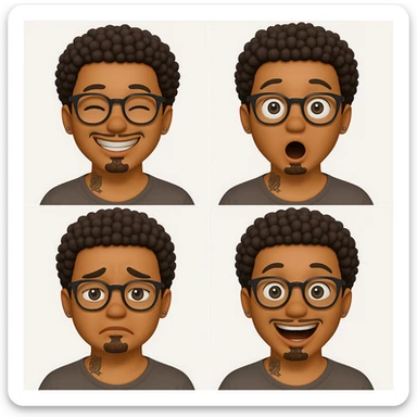Create four emoji versions of this character, each with a different emotion: happy, surprised, sad, and excited. Keep the same style and details as the original image. sticker