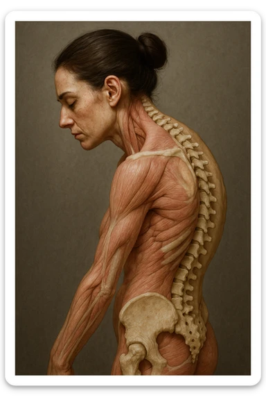 CORPO UMANO ANATOMICO di una donna di profilo con spalle chiuse e postura incurvata, spina dorsale in evidenza, IPERREALISTICO 4K sticker