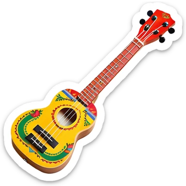 Create a vibrant and artistic emoji representing a ukulele with a Mexican design. The ukulele should feature a bright, colorful body with traditional Mexican patterns, such as geometric shapes, floral motifs, or colorful stripes. Use rich, warm tones like red, yellow, green, and blue to give the instrument a lively, festive look. Highlight the wood grain of the ukulele’s neck and fingerboard, and add subtle details like decorative inlays or a small Mexican flag symbol on the body. The strings should be clearly visible, and the instrument should be in a slightly angled position to showcase its unique design. The background should be transparent. sticker