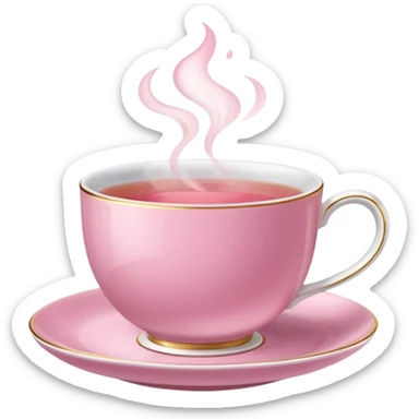 pink teacup filled with tea, placed on a matching pink saucer, with gentle steam rising from the cup.  sticker