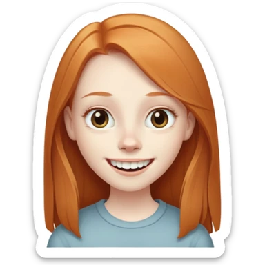 traditional emoji of young girl with very pale skin, long straight muted ginger hair (less vibrant), elongated oval face, bigger human-like eyes positioned close together, wide nose, friendly big smile with very large prominent teeth, less intense expression sticker