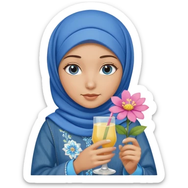 Turkish beautiful finish Konya girl blue eyes with blue denim hijab islamic dress and had on her hand flower mocktail sticker