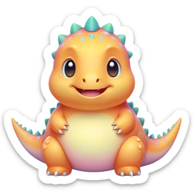 Cinematic tiny pastel dinosaur, chubby round body, tiny feet, big sparkling eyes, soft glowing colors, happy and friendly expression, radiating warmth. sticker