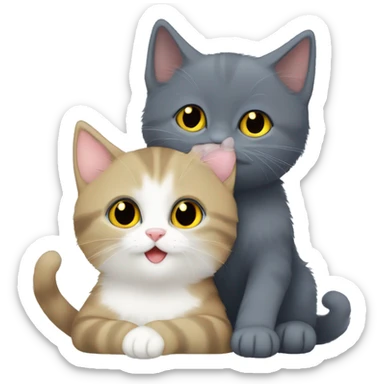 two russian blue kittens: one has white paws like boots almost and the other is fully grey: cuddling with a black fluffy cat with yellow eyes  sticker