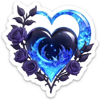 gothic heart made of crystal clear glass, silver crescent moon, glowing black roses, holographic stardust, neon blue lightning, drenched and splintered glass sticker