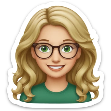 long wavy dirty blonde hair woman with green eyes and glasses smiling sticker