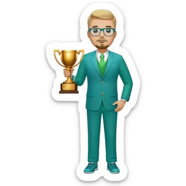 Full Body white plus size man  wearing glasses with a goatee with dirty blond short hair basketball head Coach in blue and green suit holding trophy sticker