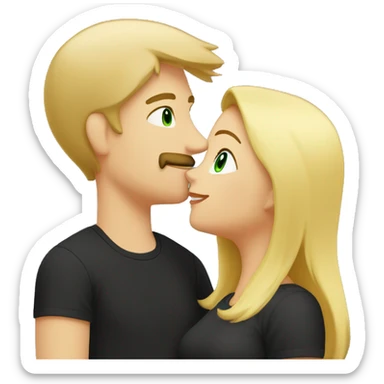 woman with green eyes and middle length blond straight hair in black t-shirt kissing a guy who is taller than her. He has blond hair, has a moustache and is wearing a grey t-shirt. sticker