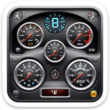 An icon showing a racing game interface, inspired by Grand Turismo. The design features a garage with a selection of high-performance cars, along with race track visuals in the background. Speedometer, lap timer, and other HUD elements add to the excitement. Transparent background sticker