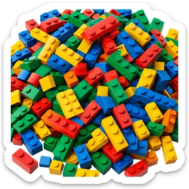 A photorealistic icon featuring a pile of colorful LEGO bricks scattered together in a messy heap. The design includes bright, detailed textures of the individual bricks, capturing the playful and creative essence of LEGO building. Transparent background, symbolizing LEGO construction. sticker