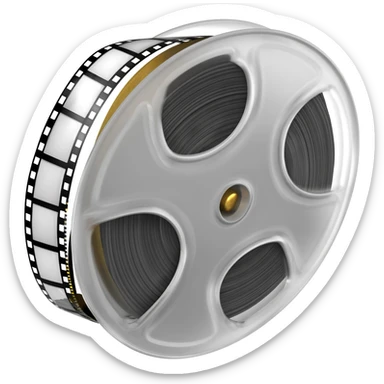 35mm movie film reel with a snippet of film sticking sticker