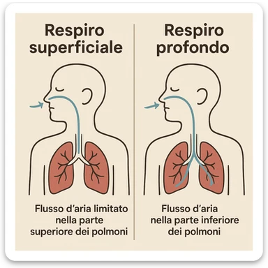 educational diagram comparing shallow and deep nasal breathing, caption in Italian sticker