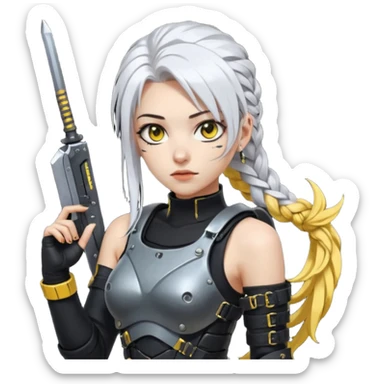  a closeup portrait of young woman with gold yellow eyes, white hair, long braid, black off-shoulder top d-cup, punk gothic style, futuristic cyberwave cyberpunk,  she has a plate carrier armor vest , and a old-style steel bulletproof combat helmet.  holding up a DAYZ combat knife sticker