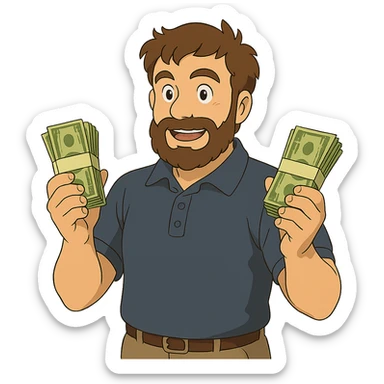ghibli style bearded brown-haired man in a polo shirt holding bundles of bills sticker