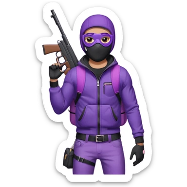 YN wearing a ski mask, holding a gun, purple jeans, Sprayground bookbag, confident stance sticker