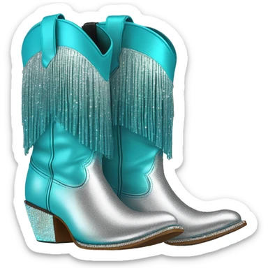 Realistic silver and turquoise blue ombre pair of fashion cowgirl boots with sparkly shiny glitter fringe on them. sticker