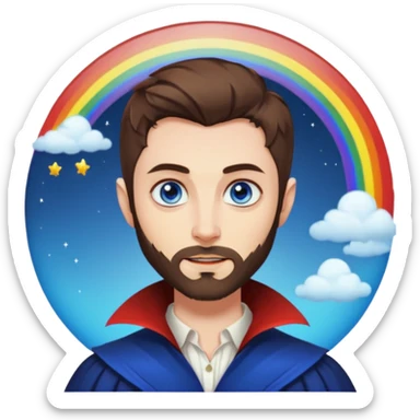Vampire with blue eyes, short brown hair, short beard/scruff. rainbow moon behind him sticker