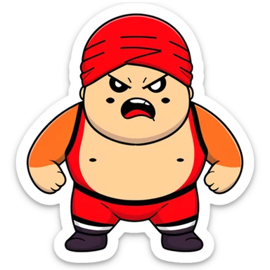 Close-up of white skin fat guy with prominent black durag, completely shaved face, no beard or mustache, black eyes in a red and black wrestling singlet with angry face sticker