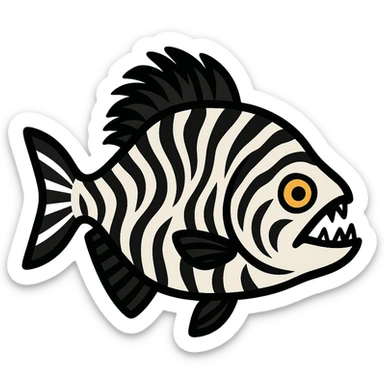 flat toon style piranha with zebra pattern and horse mane, side view sticker