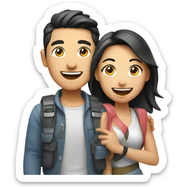 Attractive young  Asian couple excitedly traveling having fun sticker