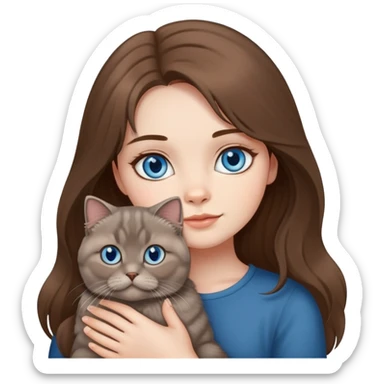 Girl with blue eyes and long brown hair holding a medium fluffy grey Scottish fold cat sticker