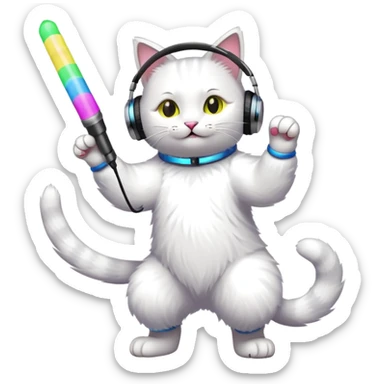cat dancing with headphones, glow sticks, college party atmosphere sticker