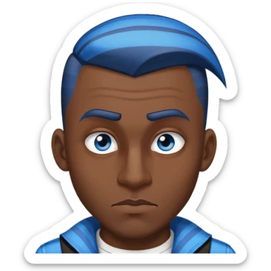 A man with a pointed nose turned down and arched eyebrows playfully looks forward, his skin color is a little dark, but his eyes are blue, his long brown hair is stripped, looks like a punk sticker