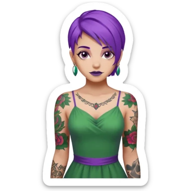 women with tatoos and hightlight that tatoos with purple hair and green dress sticker