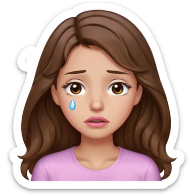 girl with wavy long brown hair, brown eyes, light to medium complexion, long lashes, light pink lipstick, wearing light pink shirt, weeping lots of big tears sticker
