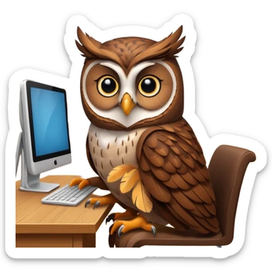 an owl working on computer in an appartement with  timber sticker