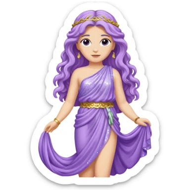 Aphrodite from Roman Deities with long lavender wavy hair, lavender sequin toga sticker