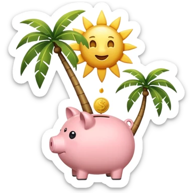 A simple emoji-style icon: A piggy bank with a coin dropping into it, next to a small palm tree and sun, symbolizing saving today for retirement tomorrow. Minimalist, clean design, consistent with emoji aesthetics. sticker