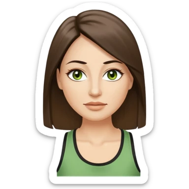 43 year old Adult woman avatar, light skin tone, long, oval face, long straight ashy brown hair, green almond-shaped eyes with dramatic eyelashes and minimal eyeliner, neutral mouth, medium straight eyebrows, average nose, smooth skin, high-neck tank top  sticker