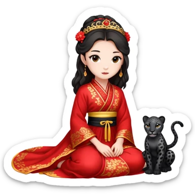 A beautiful girl in red Hanfu wedding dress sits on the ground holding a black leopard sticker