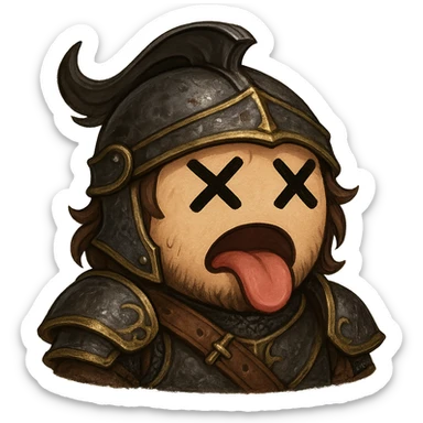 Black Desert Online inspired emoji of a dead character, stylized to match the game's fantasy MMO aesthetic, with expressive features and a humorous touch sticker