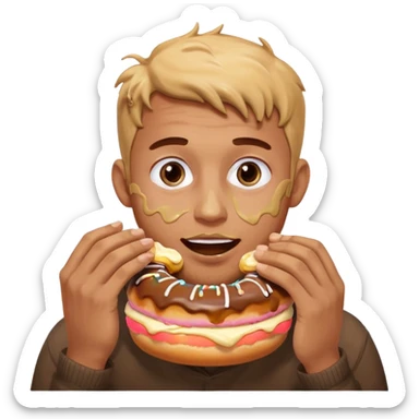 A man messily eating a filled donut, the donut is filled with Boston cream and it’s making a mess everywhere sticker