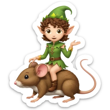 ttiny forest elf short tight curly brown hair riding mouse sticker