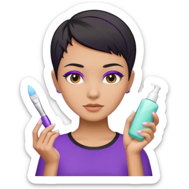 tan girl purple shirt with black hair & a pixie, doing her skin care sticker