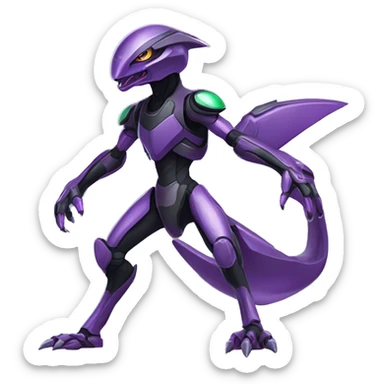 a shiny black-purple-green Genesect-Raptor-Fakémon—hybrid with a futuristic visor-helmet full body sticker