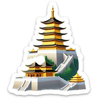 Mount Emei misty peaks with golden temple Sichuan, simplified emoji style with bold outlines and bright colors, cartoon style mountain with clouds sticker