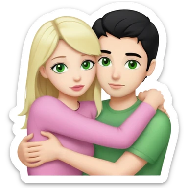 A blonde girl with fair skin and green eyes and light pink lips a guy with black hair and fair skin and green eyes are hugging  sticker