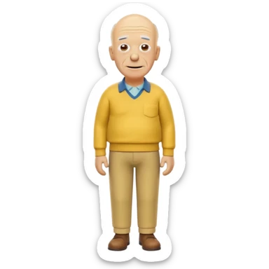 A 3D cartoon elderly man entirely yellow, styled like Grandpa Simpson, bald head with few hair strands, wrinkled face, yellow shirt and trousers, kind smile, cinematic Memoji-style render matching other Simpsons characters. sticker