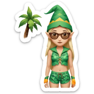 elf female legolas portrait, patterned board shorts (geometric/abstract), unique wooden-framed sunglasses, undercut hairstyle, slight smirk, visible pointy ears, no background, centered emoji, hipster summer vibe coctails with summer hat sticker