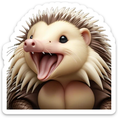 Cinematic Cute Yawning Echidna Portrait Emoji, Head tilted slightly with a dramatic, wide-open yawn, showcasing a soft, downy spiky fur with a slightly drooping snout and small, drowsy eyes, Simplified yet irresistibly adorable features, highly detailed, glowing with a soft, cozy glow, high shine, relaxed yet expressive, stylized with a touch of prickly whimsy, bright and endearing, soft glowing outline, capturing the essence of a sleepy yet affectionate echidna, so drowsy it feels like it could curl up out of the screen for a nap! sticker