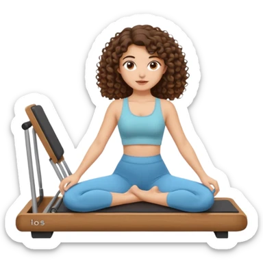 brunette,curly hair shoulder lenght,turkish 3b girl doing reformer pilates with cute set, sticker