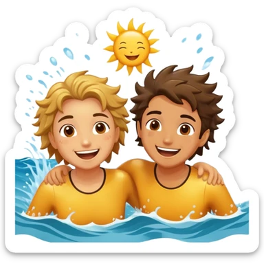Two friends, as explorers, splash each other in the ocean, laughing as their eyes lock in pure joy and appreciation. The sun glistens on the water, highlighting their deep connection and the simple happiness of the moment.  sticker