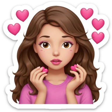 girl with long wavy brown hair, brown eyes, light to medium complexion, in a pink shirt, pink lips, long lashes, puckering lips kissing, blushing with hearts sticker