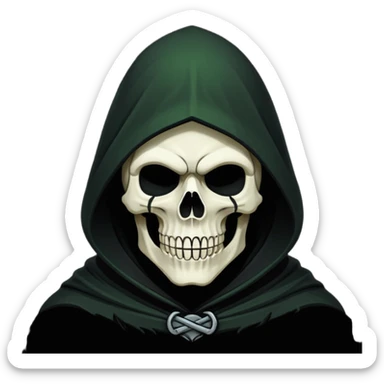 Icon of the Grim Reaper's face. His skull is stylized, his hood is tattered. He is [например: winking with a sly grin]. Clean, flat vector art, high contrast. Stylized as a modern logo or a medieval woodcut. Strictly black and white with one accent color like dark moss green or deep crimson.  sticker
