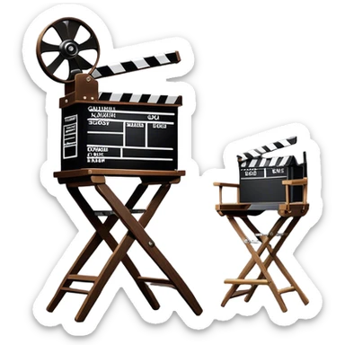 Icon for Directing: a director's chair, a film clapperboard, large movie camera and a stage with a spotlight. The icon should represent the creative and organizational aspects of directing, with focus on storytelling, staging, and performance. Transparent background. sticker