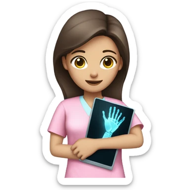 Brunette girl in pink scrubs holding an arm X-ray  sticker